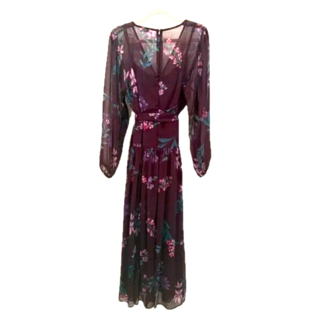 Calvin Klein Floral Plum Chiffon Wrap Dress | Size 12 | 3/4 Sleeve - Picture 3 of 7